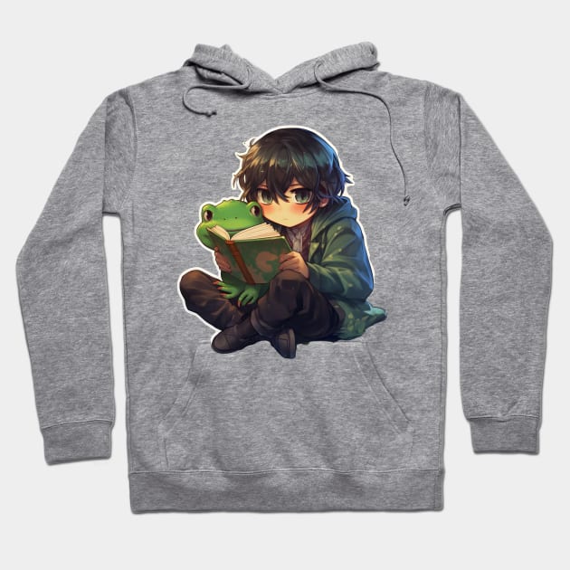 School Anime Boy With Cute Frog Sticker Hoodie by ribbitpng